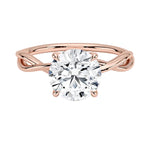 Round brilliant moissanite engagement ring with a twisted infinity-style rose gold band ApolloGem.