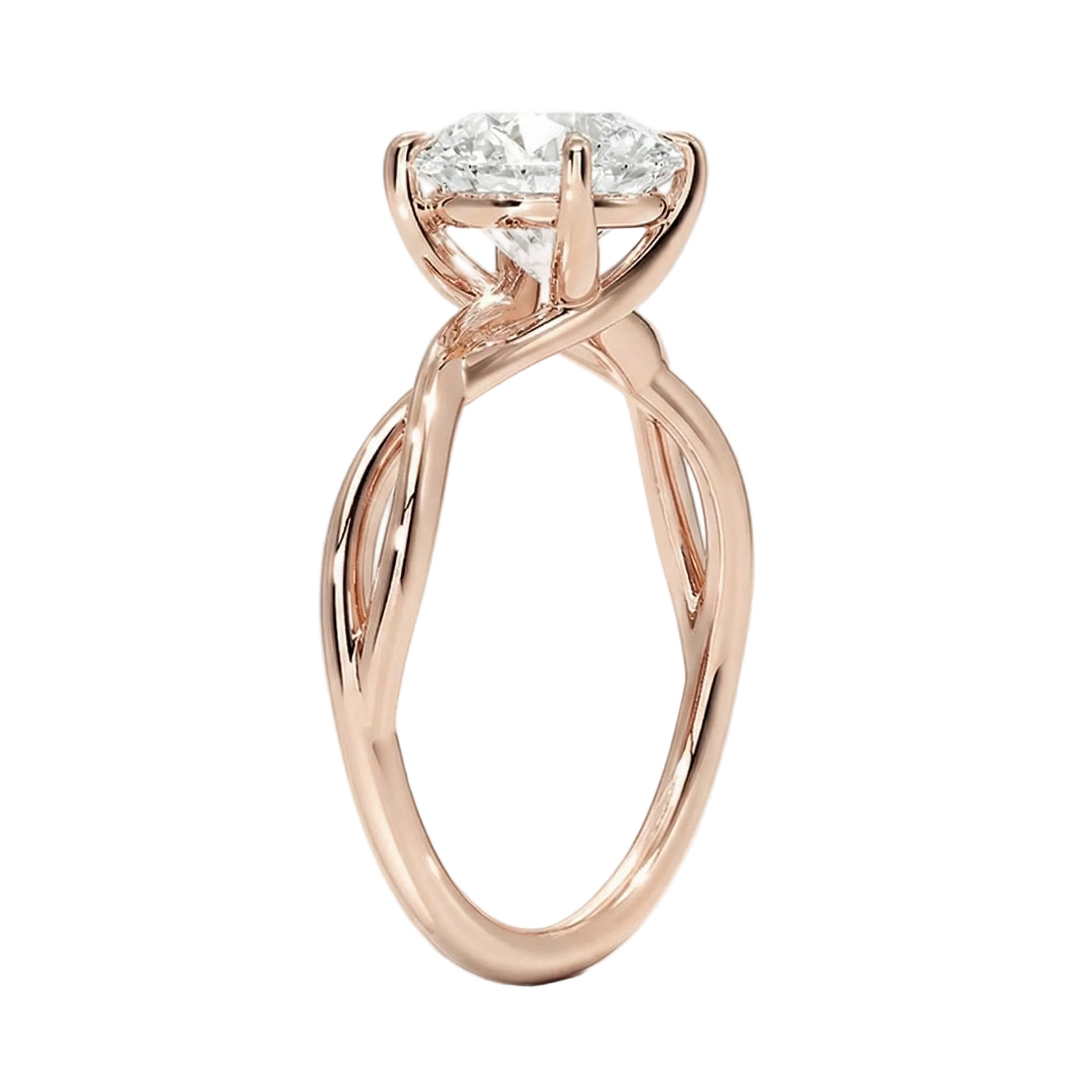 Detailed side view showing the intertwined twisted shank and sharp cat-claw setting