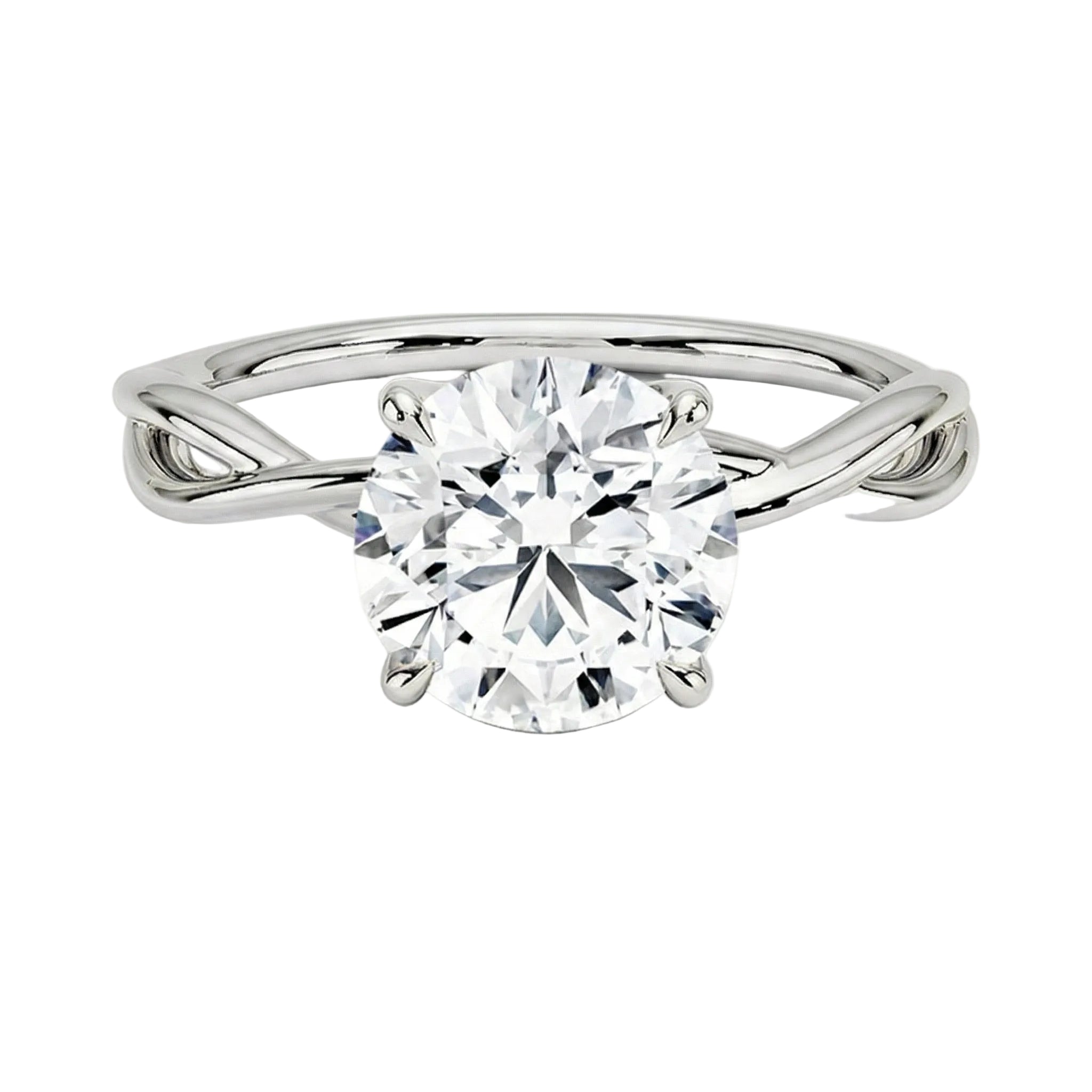 Round brilliant moissanite engagement ring with a twisted infinity-style white gold band ApolloGem.