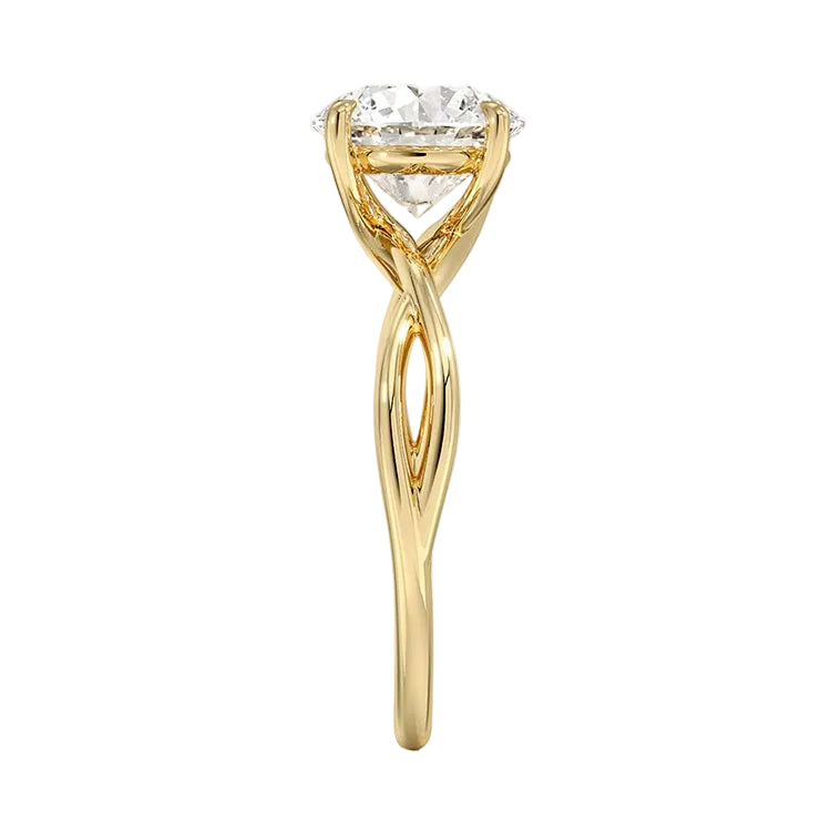 Symmetrical top-down view of a round moissanite solitaire on a decorative twisted gold band.