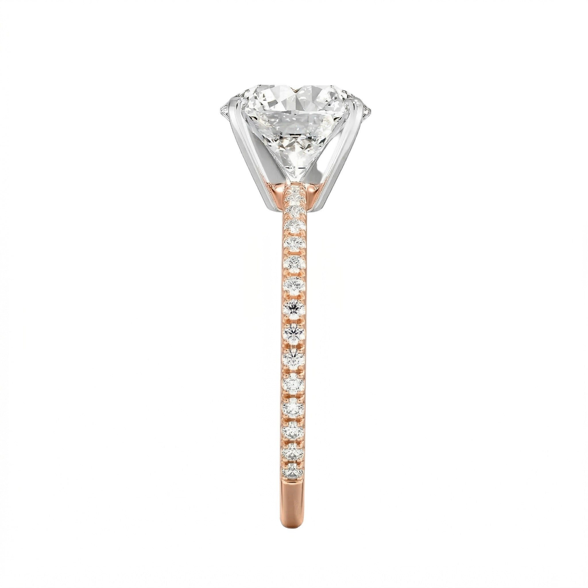 Top-down view of a D-color VVS1 round brilliant moissanite in a rose gold solitaire setting.