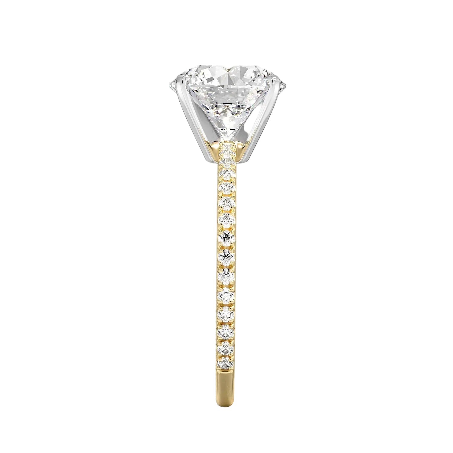 Top-down view of a D-color VVS1 round brilliant moissanite in a yellow gold solitaire setting.