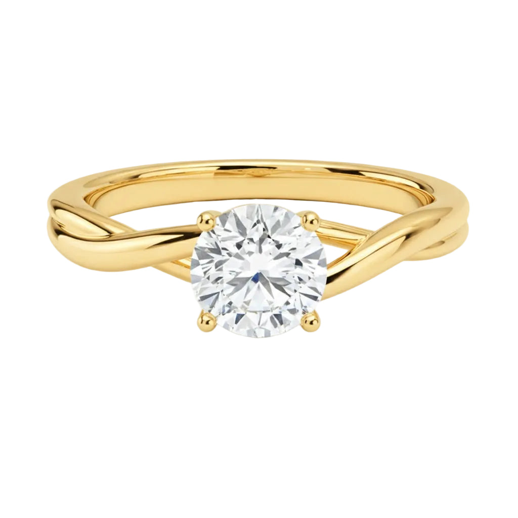 Luxury round brilliant moissanite engagement ring with a modern V-split shank in yellow gold ApolloGem South Africa.