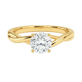 Luxury round brilliant moissanite engagement ring with a modern V-split shank in yellow gold ApolloGem South Africa.