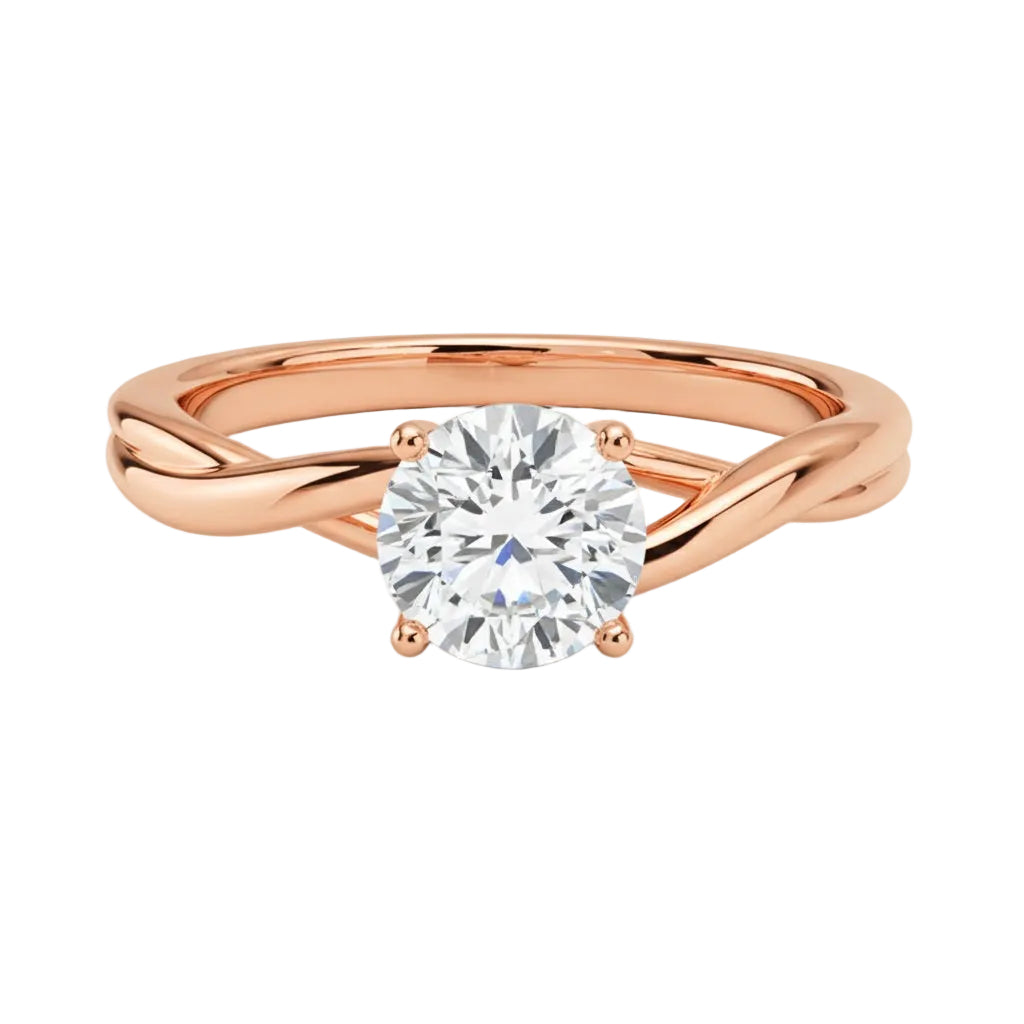 Luxury round brilliant moissanite engagement ring with a modern V-split shank in rose gold ApolloGem South Africa.