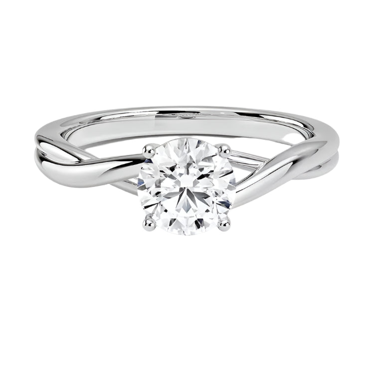 Close-up of a high-quality D-color VVS1 round moissanite on a bold structural white gold shank.