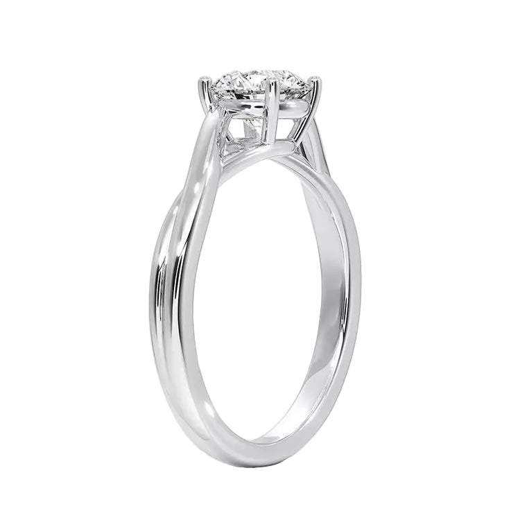 V-split round engagement ring on a finger showing the sophisticated architectural silhouette and shine