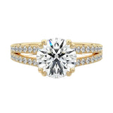 Secure double-claw round brilliant moissanite ring with a V-split pavé gold band ApolloGem.