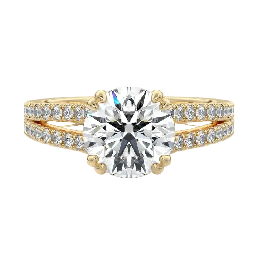 Secure double-claw round brilliant moissanite ring with a V-split pavé gold band ApolloGem.