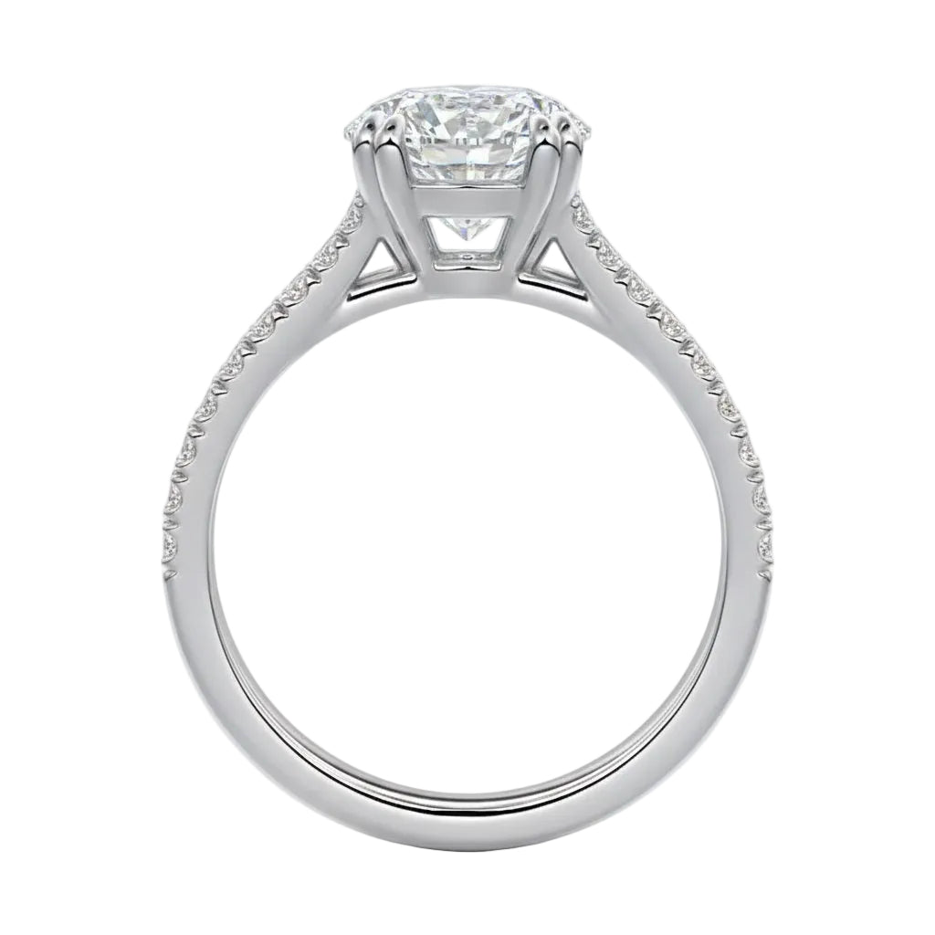 Side profile of the V-Split Cathedral ring showing the architectural basket and dual pavé rows.
