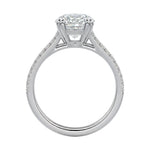 Side profile of the V-Split Cathedral ring showing the architectural basket and dual pavé rows.