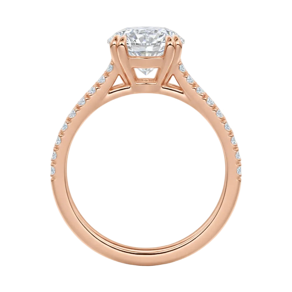 Side profile of the V-Split Cathedral ring showing the architectural basket and dual pavé rows.