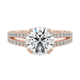 Secure double-claw round brilliant moissanite ring with a V-split pavé gold band ApolloGem.