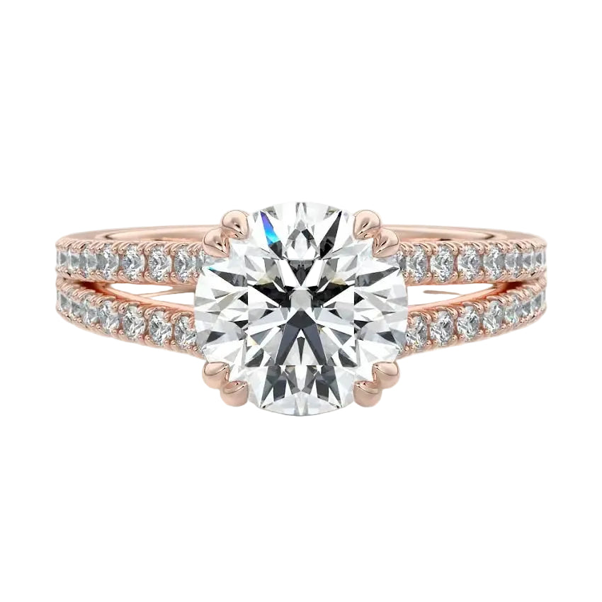 Secure double-claw round brilliant moissanite ring with a V-split pavé gold band ApolloGem.