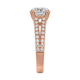 Top-down view of a D-color VVS1 round stone in a rose gold double-claw split-shank setting.