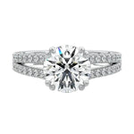 Secure double-claw round brilliant moissanite ring with a V-split pavé gold band ApolloGem.
