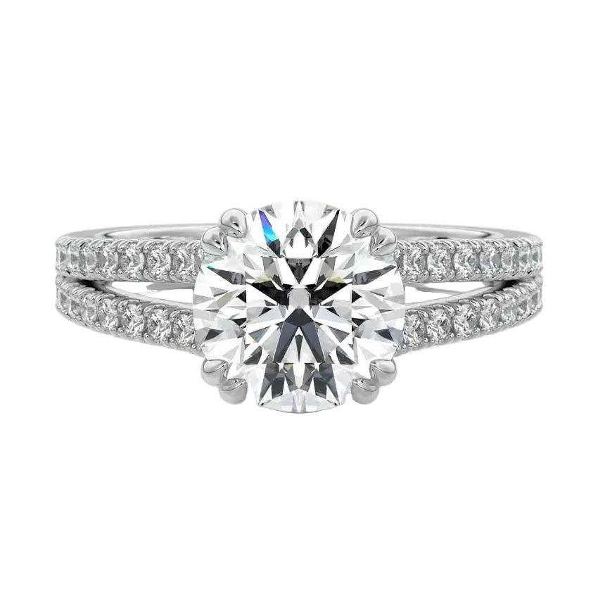 Secure double-claw round brilliant moissanite ring with a V-split pavé gold band ApolloGem.