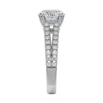 Top-down view of a D-color VVS1 round stone in a white gold double-claw split-shank setting.