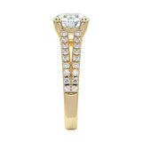 Top-down view of a D-color VVS1 round stone in a yellow gold double-claw split-shank setting.