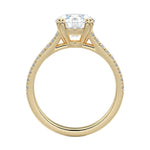 Side profile of the V-Split Cathedral ring showing the architectural basket and dual pavé rows.