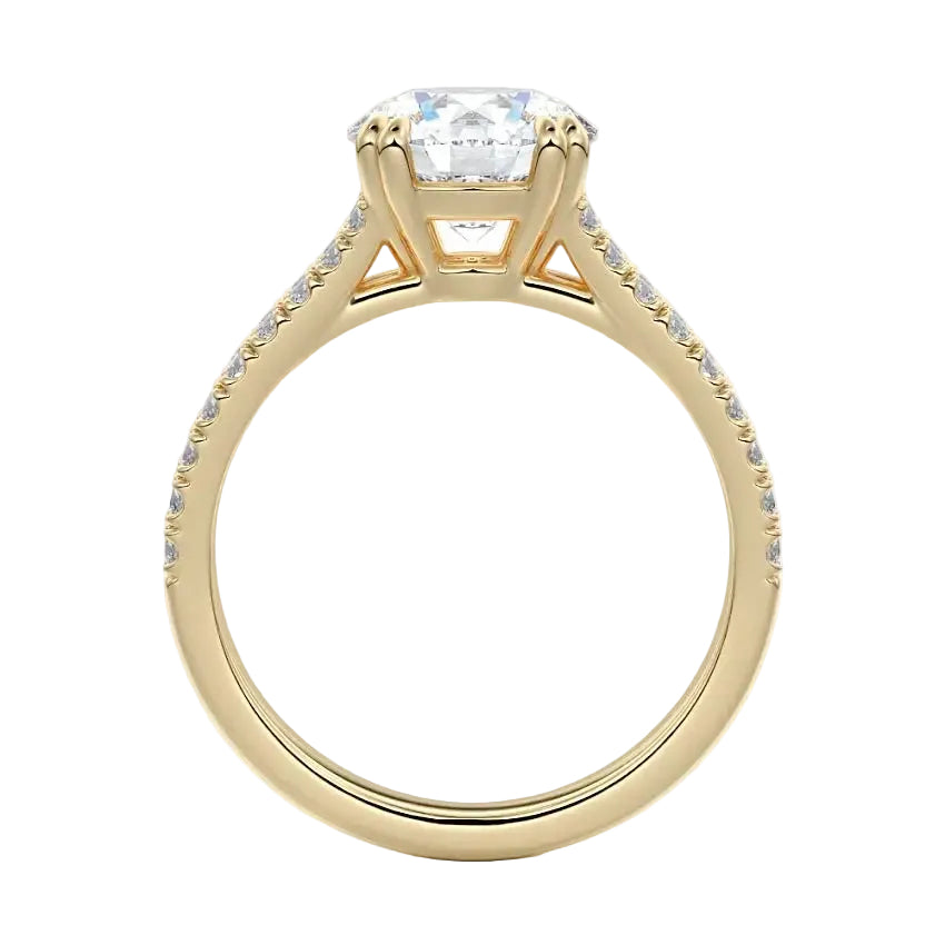 Side profile of the V-Split Cathedral ring showing the architectural basket and dual pavé rows.
