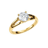 Round brilliant moissanite engagement ring with a modern V-split shank gold band ApolloGem.