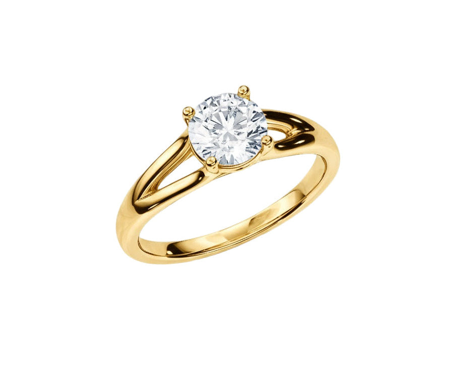 Round brilliant moissanite engagement ring with a modern V-split shank gold band ApolloGem.