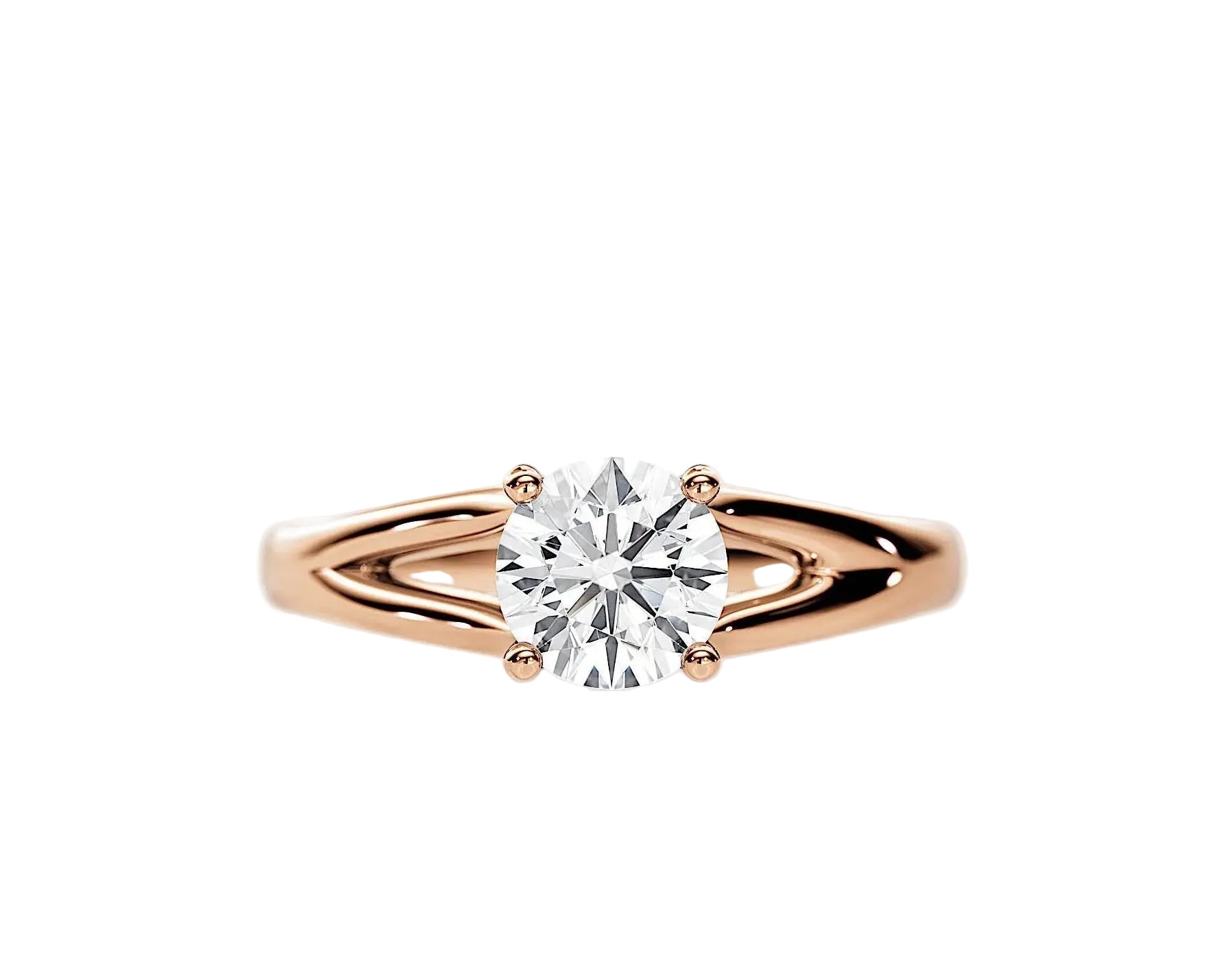 Close-up of a D-color VVS1 round moissanite held by elegant, sophisticated pin-claws.