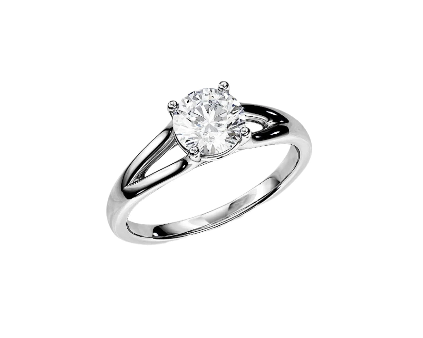 Round brilliant moissanite engagement ring with a modern V-split shank gold band ApolloGem.