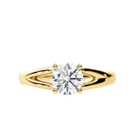 Close-up of a D-color VVS1 round moissanite held by elegant, sophisticated pin-claws.