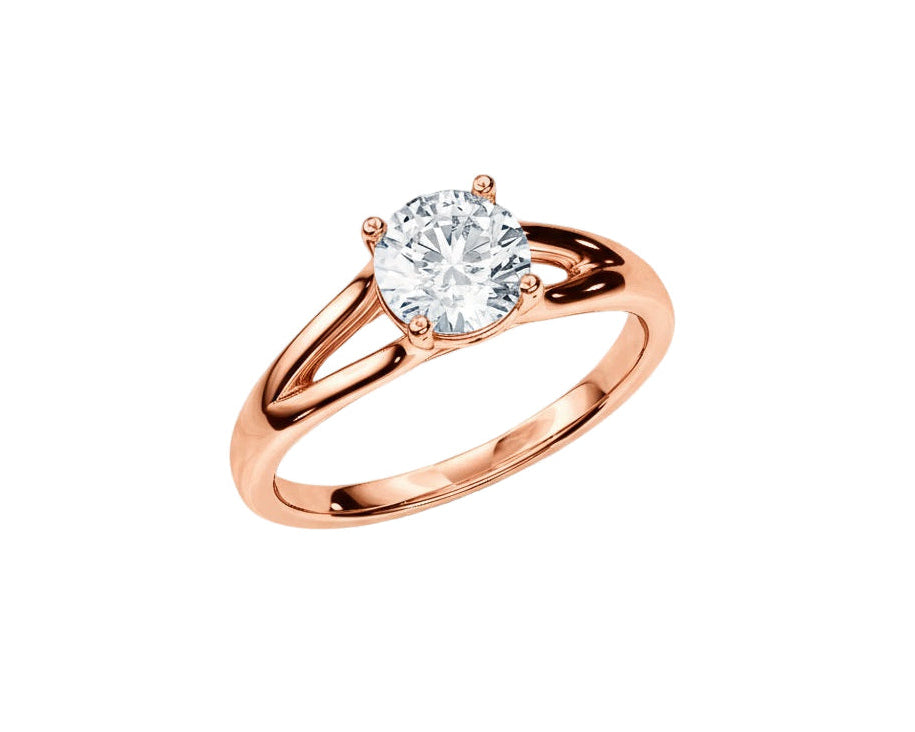 Round brilliant moissanite engagement ring with a modern V-split shank gold band ApolloGem.