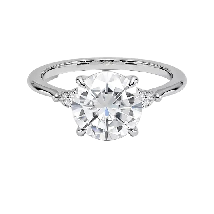 Round brilliant moissanite engagement ring with pear cut side stones white gold