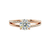 Dainty four-claw round brilliant moissanite ring on an asymmetric V-shape wishbone rose gold band ApolloGem.