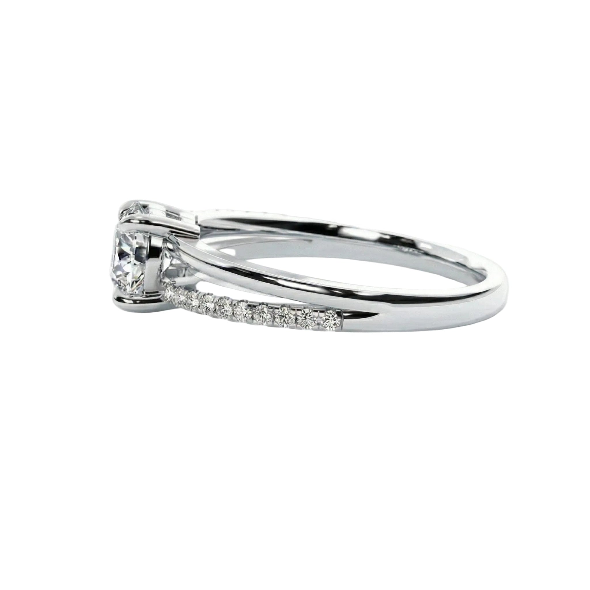Side profile of the Round Wishbone Solo ring showing the clean solitaire basket and single-side pavé.