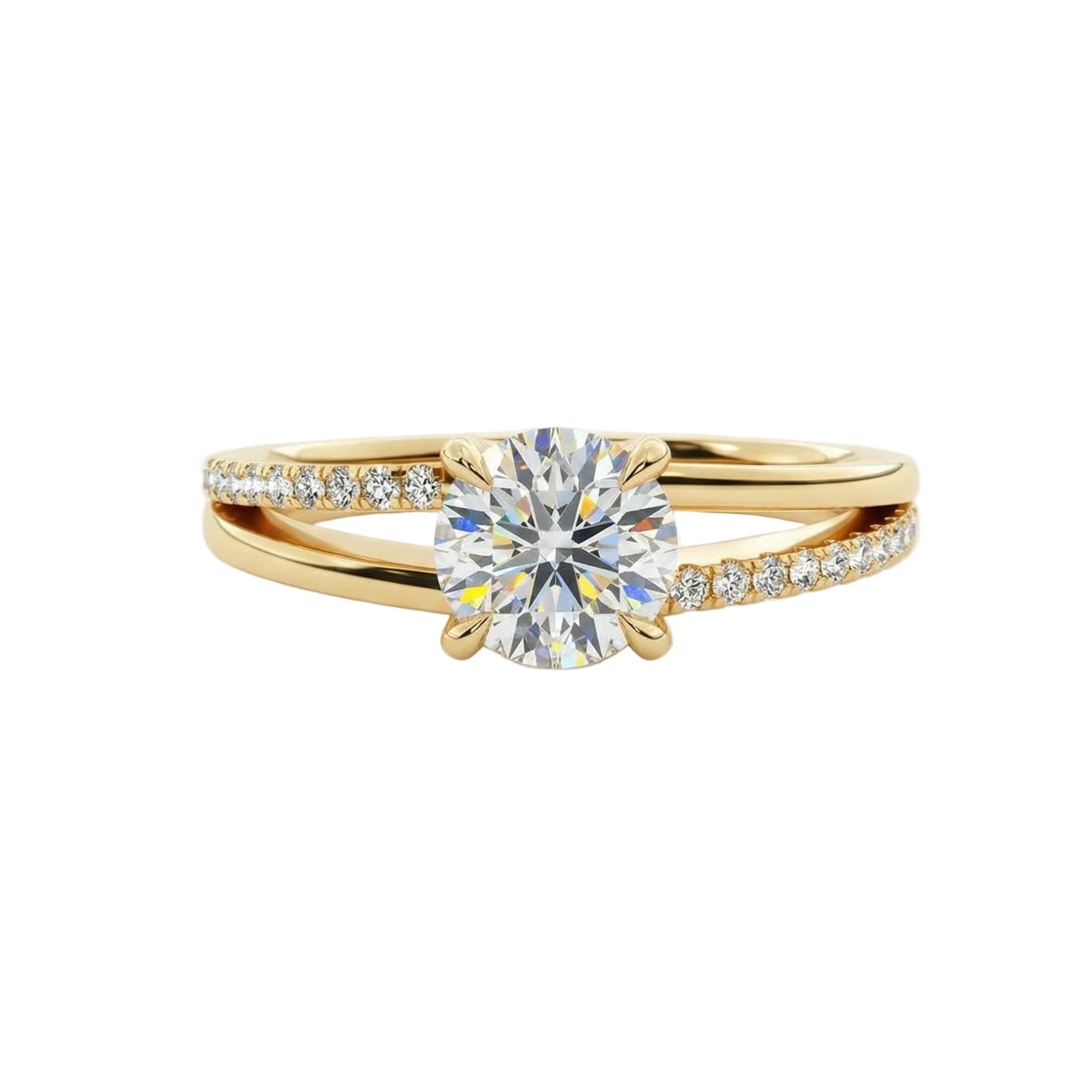 Dainty four-claw round brilliant moissanite ring on an asymmetric V-shape wishbone yellow gold band ApolloGem.