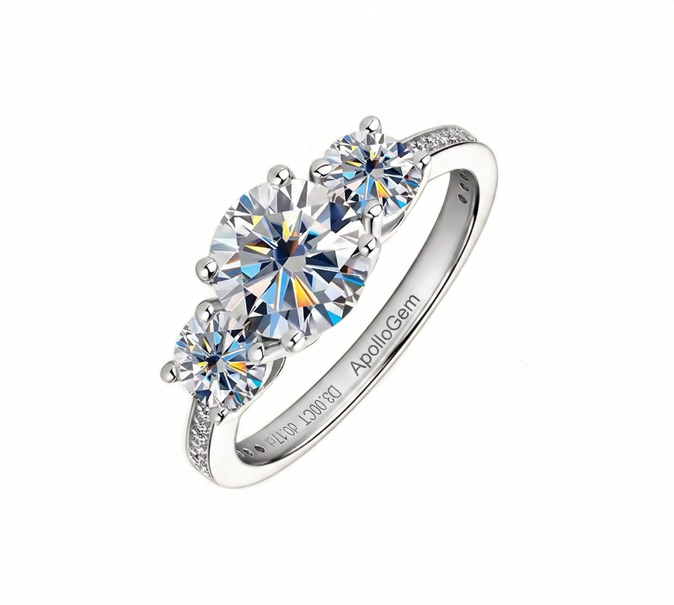 Detailed side view of the Royal Trinity ring showing the three-stone setting and micro-pavé accents.