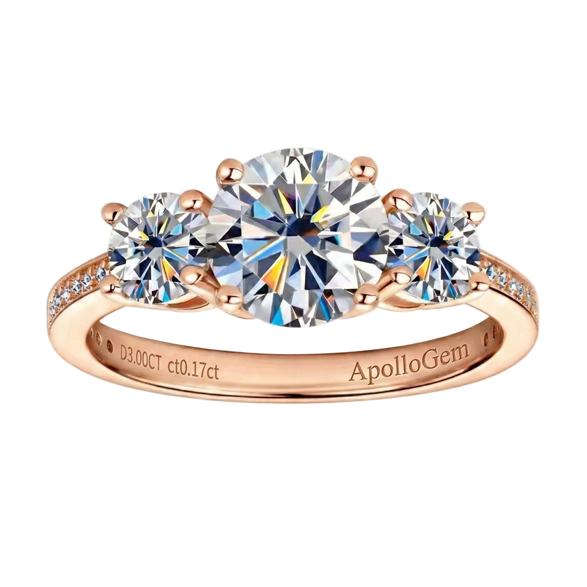 Three-stone moissanite trilogy engagement ring with round brilliant diamonds and a pavé band, handcrafted by ApolloGem South Africa.