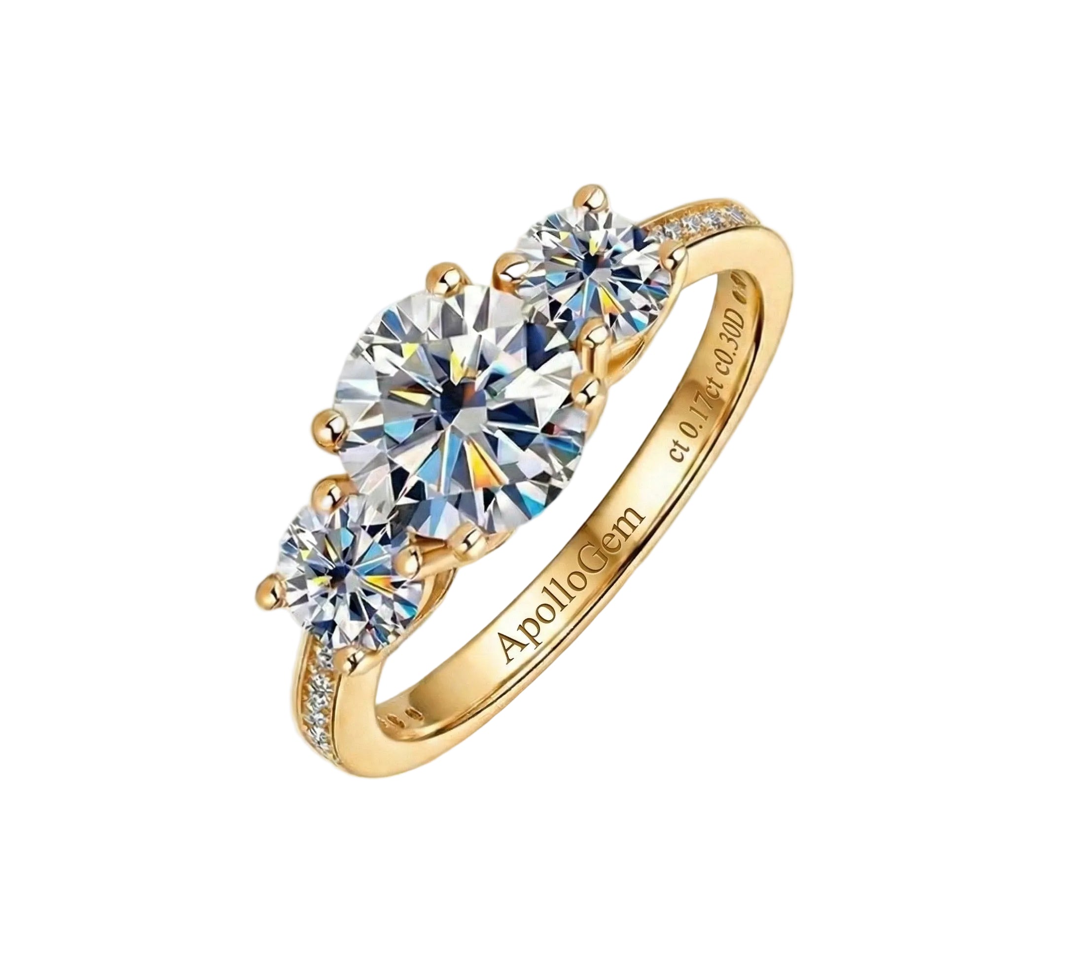 Close-up of a high-quality D-color VVS1 round brilliant moissanite center stone in a trilogy setting.