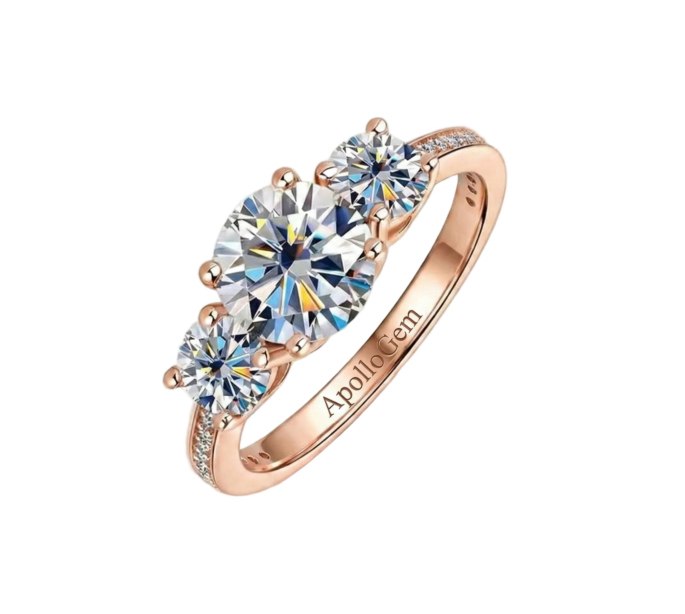 Detailed side view of the Royal Trinity ring showing the three-stone setting and micro-pavé accents.