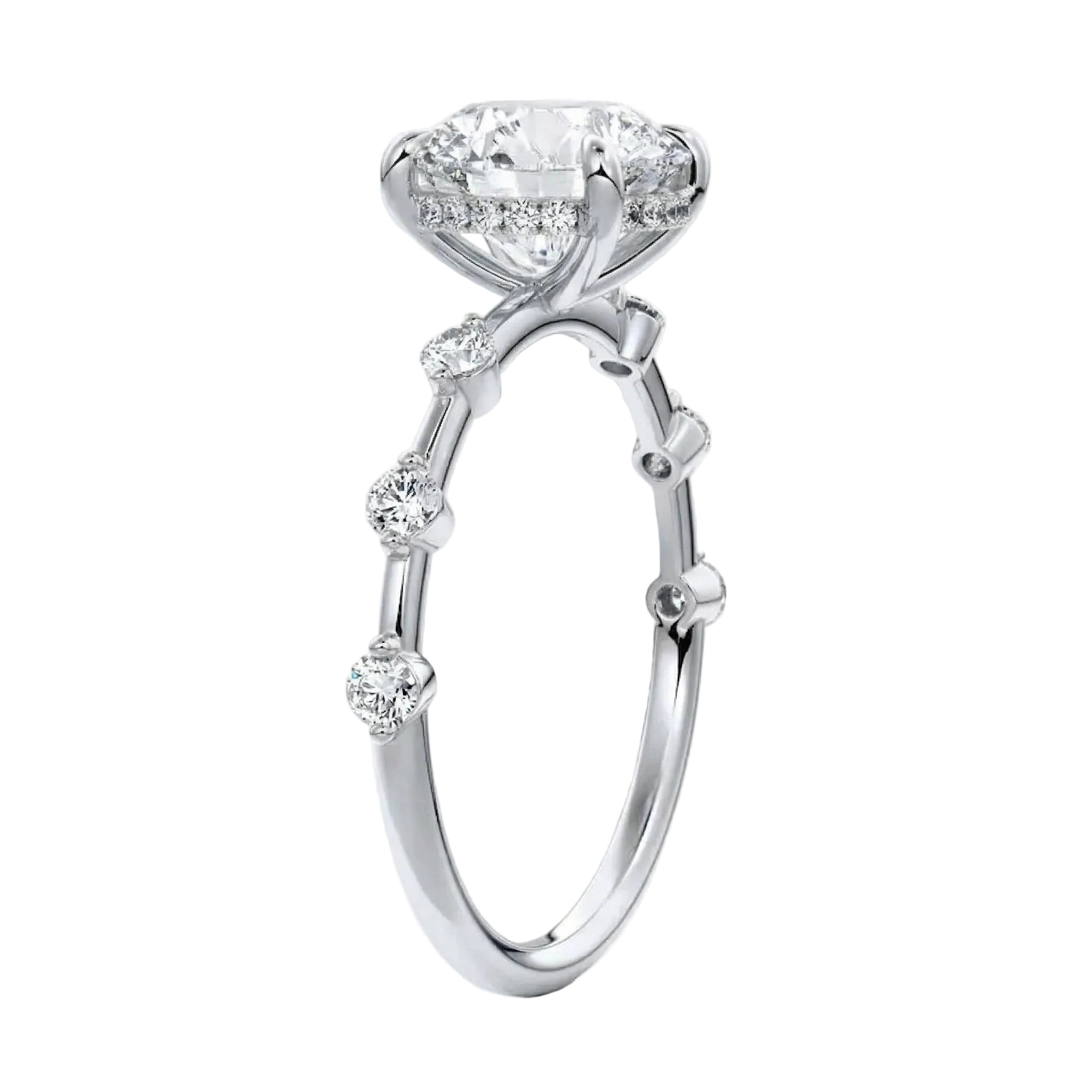 Top-down view of the rhythmic flat white gold band with stones set in pairs