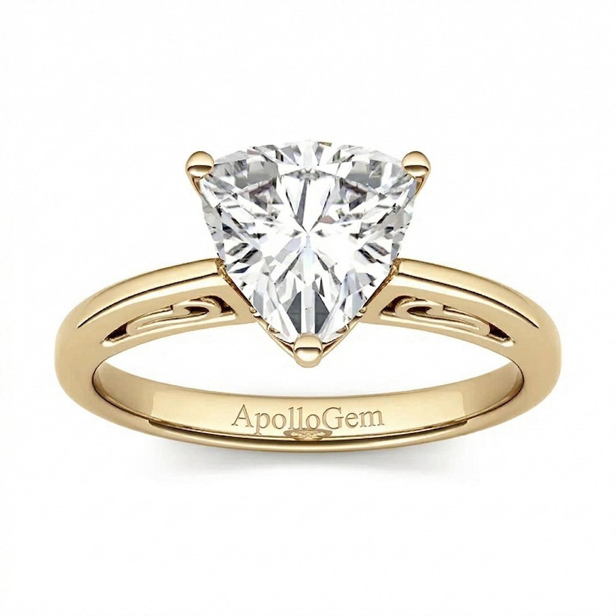 integrated secure three-claw trillion cut moissanite solitaire ring in yellow gold