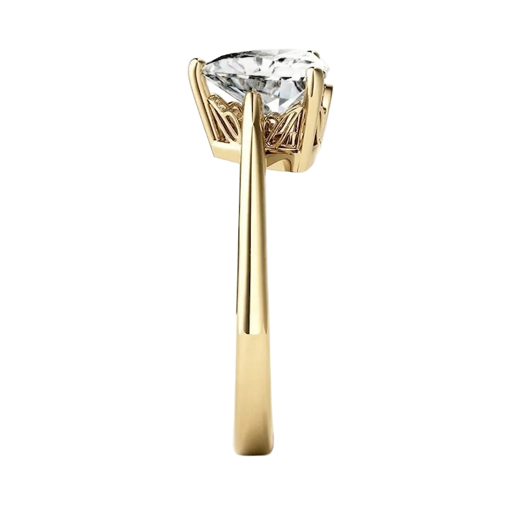 Top-down view of a D-color VVS1 trillion stone in a clean yellow gold solitaire setting.