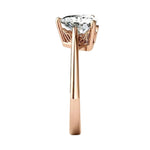 Top-down view of a D-color VVS1 trillion stone in a clean rose gold solitaire setting.