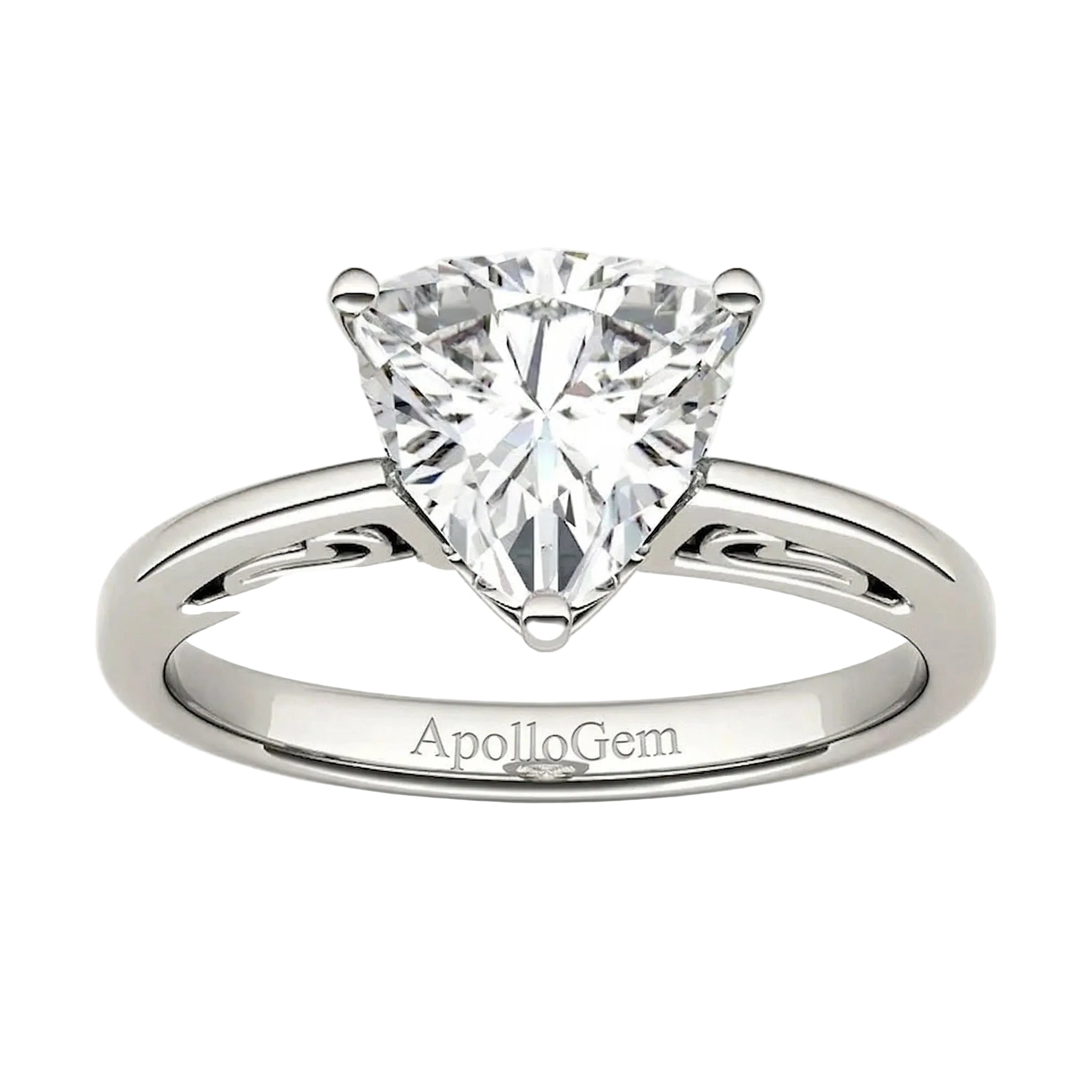 integrated secure three-claw trillion cut moissanite solitaire ring in white gold