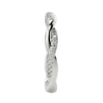 Top-down view of a D-color VVS1 1.5mm round stone twisted eternity wedding band in white gold.