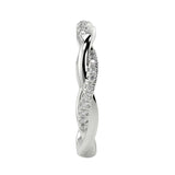 Top-down view of a D-color VVS1 1.5mm round stone twisted eternity wedding band in white gold.