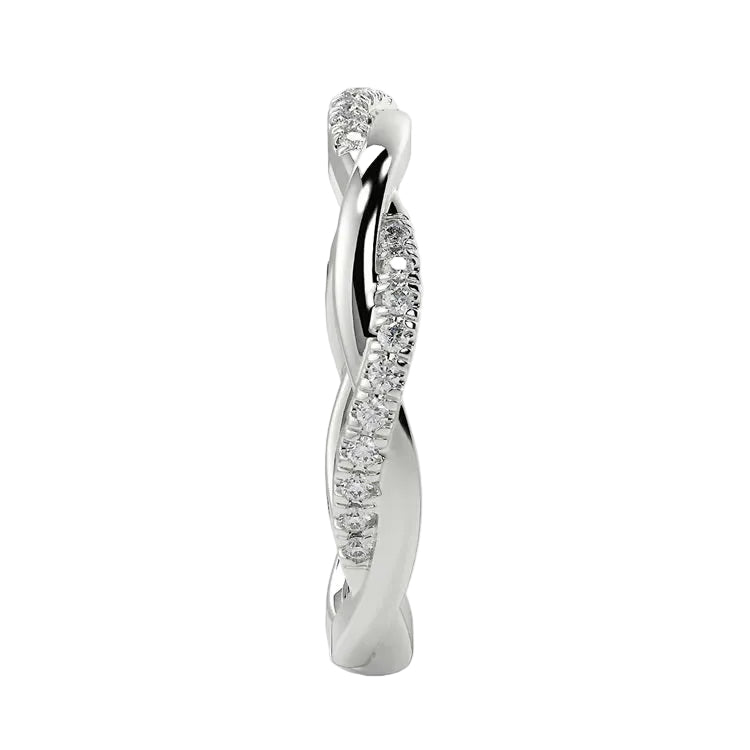 Top-down view of a D-color VVS1 1.5mm round stone twisted eternity wedding band in white gold.