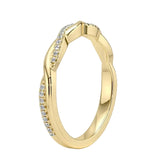 Close-up of a moissanite eternity ring featuring a braided metal and diamond-like vine design.