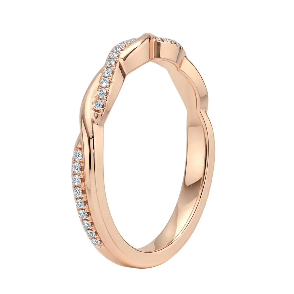 Close-up of a moissanite eternity ring featuring a braided metal and diamond-like vine design.