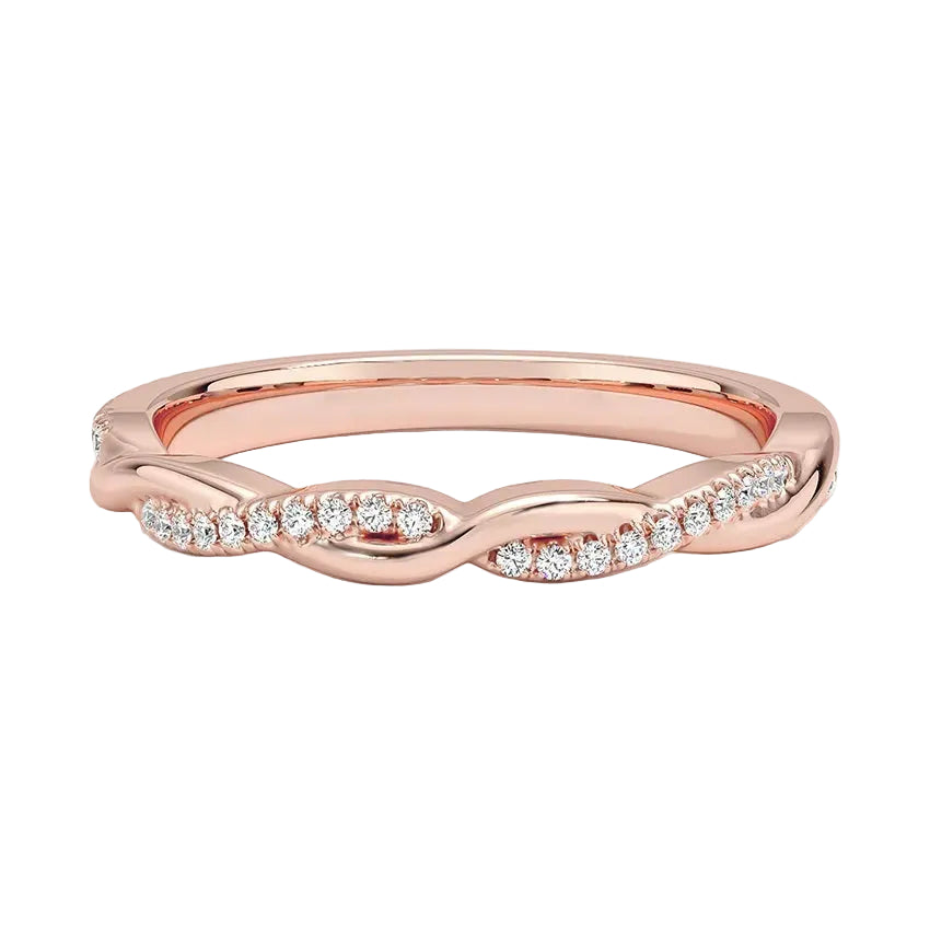 Rose gold twisted infinity wedding band with pavé moissanite accents by ApolloGem.